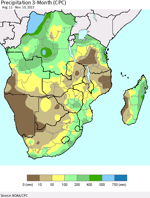Southern Africa Precipitation 3-Month (CPC) Thematic Map For 8/11/2023 - 11/10/2023