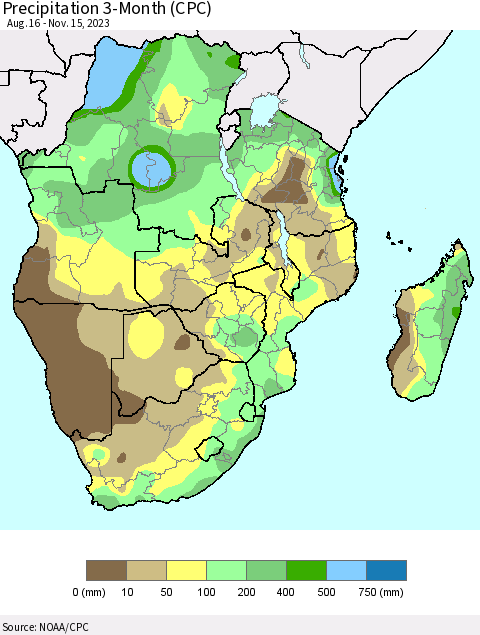 Southern Africa Precipitation 3-Month (CPC) Thematic Map For 8/16/2023 - 11/15/2023