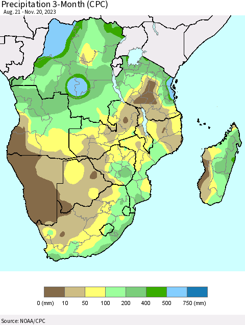 Southern Africa Precipitation 3-Month (CPC) Thematic Map For 8/21/2023 - 11/20/2023