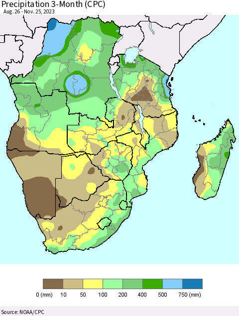 Southern Africa Precipitation 3-Month (CPC) Thematic Map For 8/26/2023 - 11/25/2023