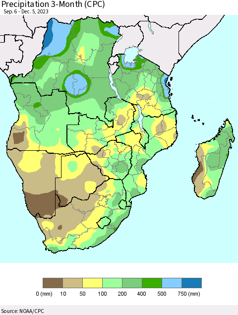 Southern Africa Precipitation 3-Month (CPC) Thematic Map For 9/6/2023 - 12/5/2023