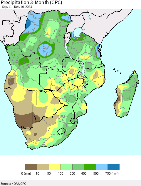 Southern Africa Precipitation 3-Month (CPC) Thematic Map For 9/11/2023 - 12/10/2023