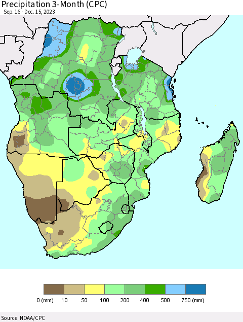 Southern Africa Precipitation 3-Month (CPC) Thematic Map For 9/16/2023 - 12/15/2023