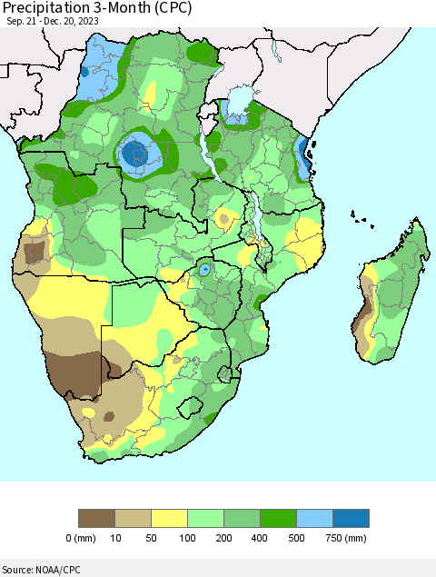Southern Africa Precipitation 3-Month (CPC) Thematic Map For 9/21/2023 - 12/20/2023