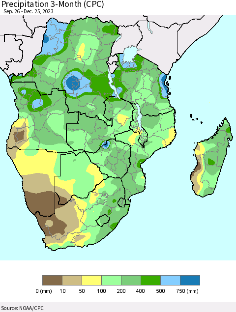 Southern Africa Precipitation 3-Month (CPC) Thematic Map For 9/26/2023 - 12/25/2023