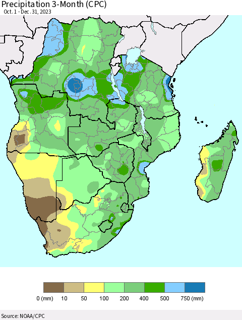 Southern Africa Precipitation 3-Month (CPC) Thematic Map For 10/1/2023 - 12/31/2023