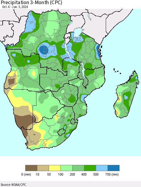 Southern Africa Precipitation 3-Month (CPC) Thematic Map For 10/6/2023 - 1/5/2024