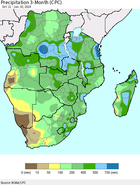 Southern Africa Precipitation 3-Month (CPC) Thematic Map For 10/11/2023 - 1/10/2024