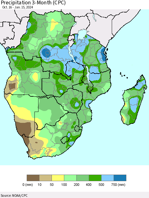 Southern Africa Precipitation 3-Month (CPC) Thematic Map For 10/16/2023 - 1/15/2024