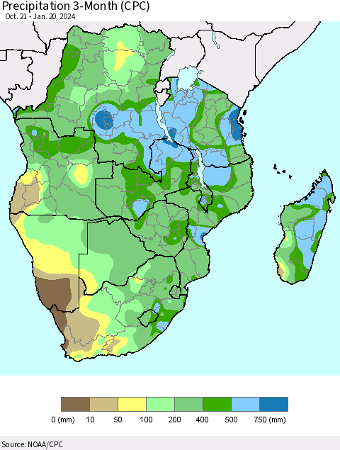 Southern Africa Precipitation 3-Month (CPC) Thematic Map For 10/21/2023 - 1/20/2024