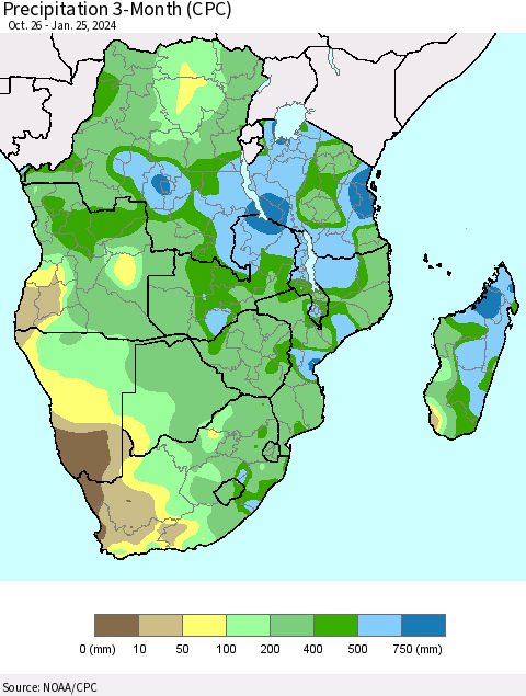 Southern Africa Precipitation 3-Month (CPC) Thematic Map For 10/26/2023 - 1/25/2024