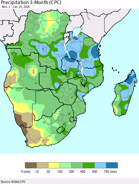 Southern Africa Precipitation 3-Month (CPC) Thematic Map For 11/1/2023 - 1/31/2024