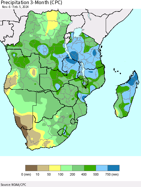 Southern Africa Precipitation 3-Month (CPC) Thematic Map For 11/6/2023 - 2/5/2024