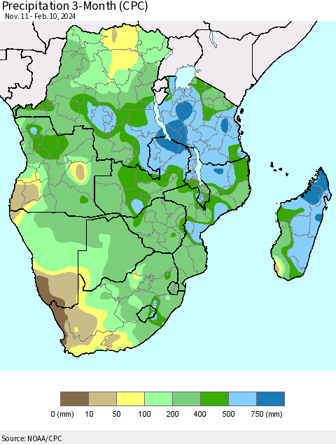 Southern Africa Precipitation 3-Month (CPC) Thematic Map For 11/11/2023 - 2/10/2024