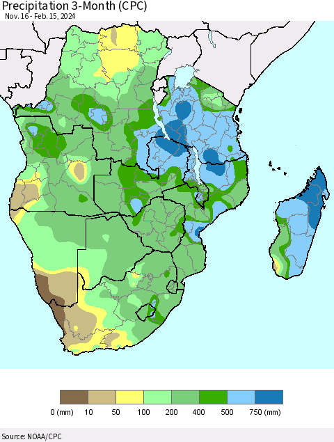 Southern Africa Precipitation 3-Month (CPC) Thematic Map For 11/16/2023 - 2/15/2024