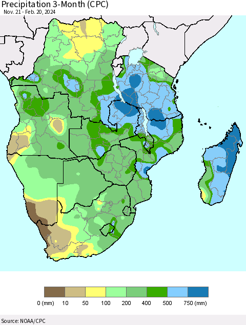 Southern Africa Precipitation 3-Month (CPC) Thematic Map For 11/21/2023 - 2/20/2024