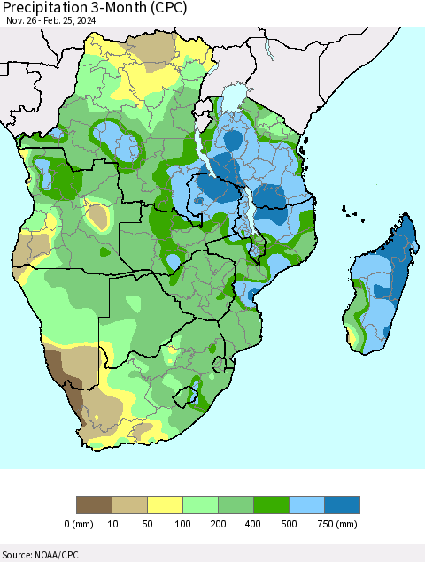 Southern Africa Precipitation 3-Month (CPC) Thematic Map For 11/26/2023 - 2/25/2024