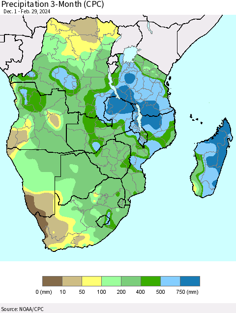 Southern Africa Precipitation 3-Month (CPC) Thematic Map For 12/1/2023 - 2/29/2024