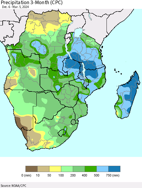Southern Africa Precipitation 3-Month (CPC) Thematic Map For 12/6/2023 - 3/5/2024