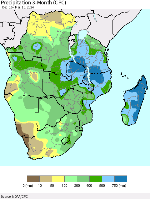Southern Africa Precipitation 3-Month (CPC) Thematic Map For 12/16/2023 - 3/15/2024