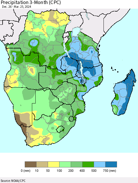 Southern Africa Precipitation 3-Month (CPC) Thematic Map For 12/26/2023 - 3/25/2024