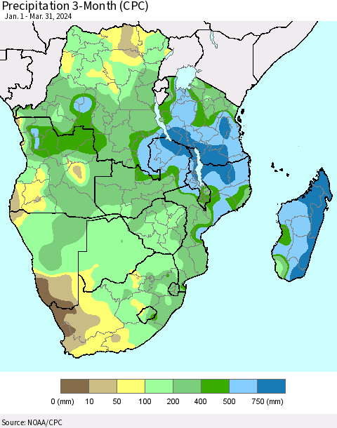 Southern Africa Precipitation 3-Month (CPC) Thematic Map For 1/1/2024 - 3/31/2024