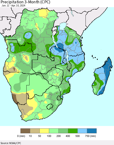 Southern Africa Precipitation 3-Month (CPC) Thematic Map For 1/11/2024 - 4/10/2024
