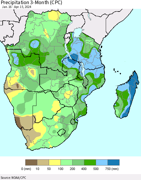 Southern Africa Precipitation 3-Month (CPC) Thematic Map For 1/16/2024 - 4/15/2024