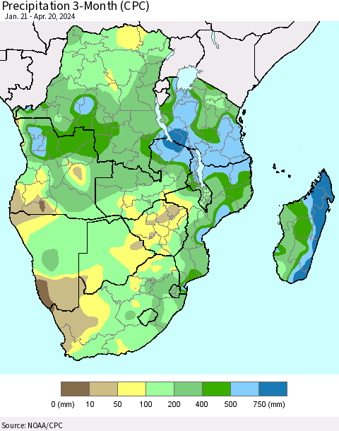Southern Africa Precipitation 3-Month (CPC) Thematic Map For 1/21/2024 - 4/20/2024