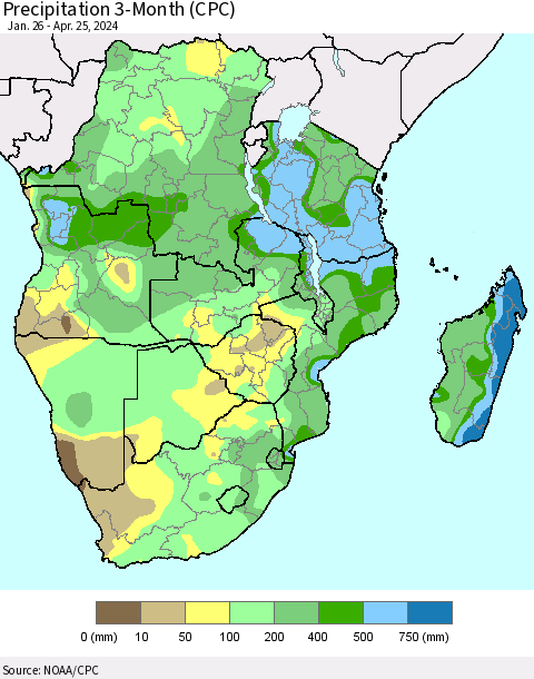 Southern Africa Precipitation 3-Month (CPC) Thematic Map For 1/26/2024 - 4/25/2024