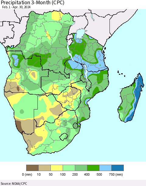 Southern Africa Precipitation 3-Month (CPC) Thematic Map For 2/1/2024 - 4/30/2024