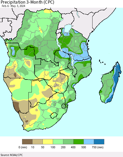 Southern Africa Precipitation 3-Month (CPC) Thematic Map For 2/6/2024 - 5/5/2024