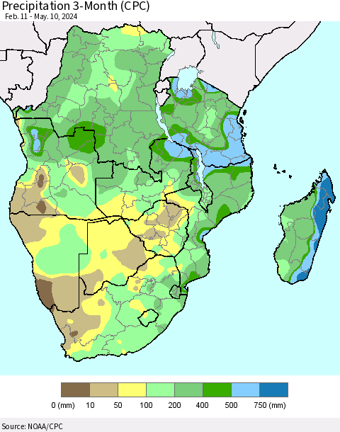 Southern Africa Precipitation 3-Month (CPC) Thematic Map For 2/11/2024 - 5/10/2024