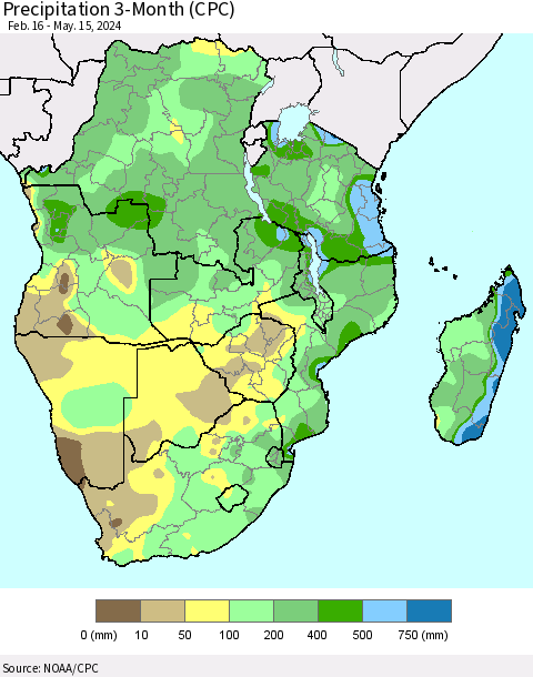 Southern Africa Precipitation 3-Month (CPC) Thematic Map For 2/16/2024 - 5/15/2024