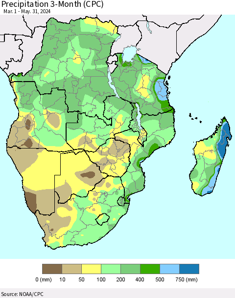 Southern Africa Precipitation 3-Month (CPC) Thematic Map For 3/1/2024 - 5/31/2024