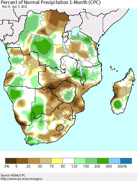 Southern Africa Percent of Normal Precipitation 1-Month (CPC) Thematic Map For 3/6/2021 - 4/5/2021