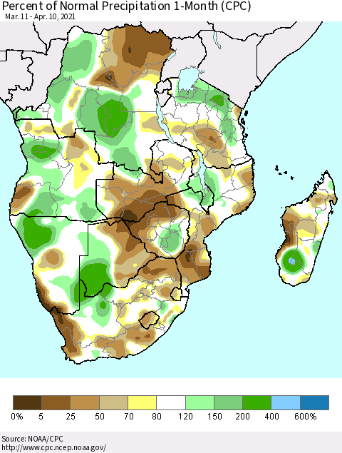 Southern Africa Percent of Normal Precipitation 1-Month (CPC) Thematic Map For 3/11/2021 - 4/10/2021