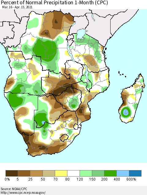 Southern Africa Percent of Normal Precipitation 1-Month (CPC) Thematic Map For 3/16/2021 - 4/15/2021