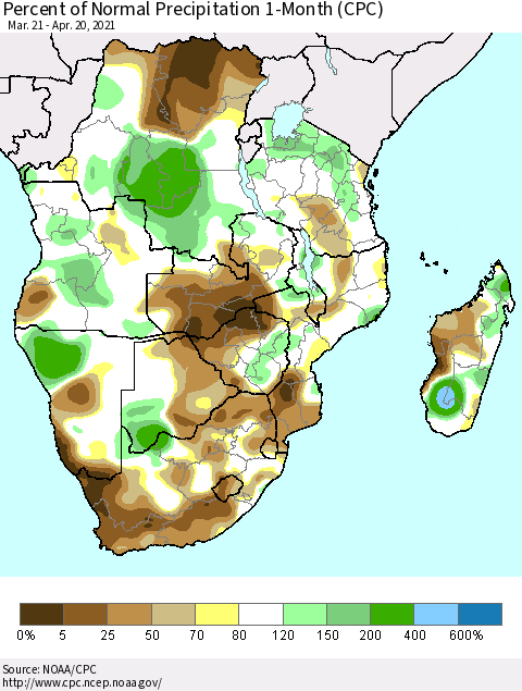Southern Africa Percent of Normal Precipitation 1-Month (CPC) Thematic Map For 3/21/2021 - 4/20/2021