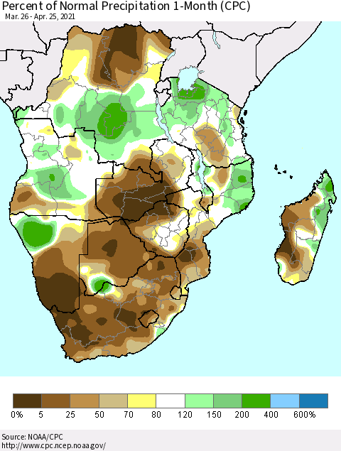 Southern Africa Percent of Normal Precipitation 1-Month (CPC) Thematic Map For 3/26/2021 - 4/25/2021