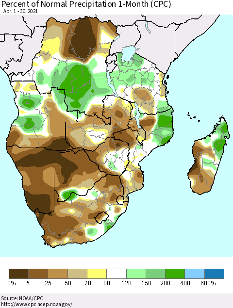 Southern Africa Percent of Normal Precipitation 1-Month (CPC) Thematic Map For 4/1/2021 - 4/30/2021