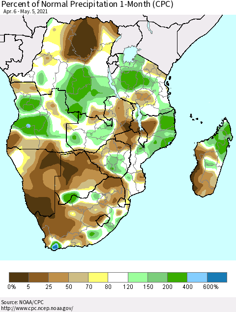 Southern Africa Percent of Normal Precipitation 1-Month (CPC) Thematic Map For 4/6/2021 - 5/5/2021