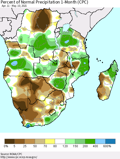 Southern Africa Percent of Normal Precipitation 1-Month (CPC) Thematic Map For 4/11/2021 - 5/10/2021