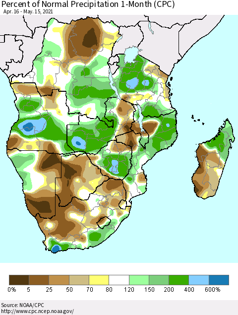 Southern Africa Percent of Normal Precipitation 1-Month (CPC) Thematic Map For 4/16/2021 - 5/15/2021