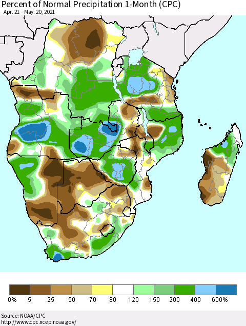 Southern Africa Percent of Normal Precipitation 1-Month (CPC) Thematic Map For 4/21/2021 - 5/20/2021