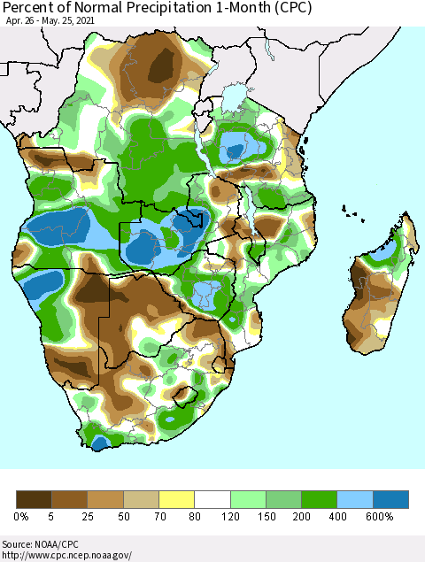 Southern Africa Percent of Normal Precipitation 1-Month (CPC) Thematic Map For 4/26/2021 - 5/25/2021