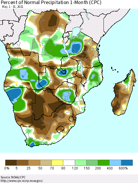 Southern Africa Percent of Normal Precipitation 1-Month (CPC) Thematic Map For 5/1/2021 - 5/31/2021