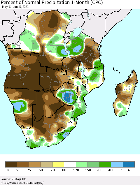 Southern Africa Percent of Normal Precipitation 1-Month (CPC) Thematic Map For 5/6/2021 - 6/5/2021
