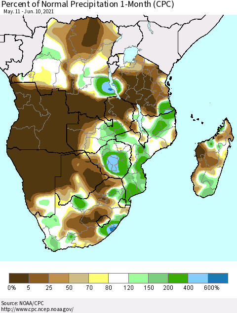 Southern Africa Percent of Normal Precipitation 1-Month (CPC) Thematic Map For 5/11/2021 - 6/10/2021