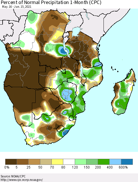 Southern Africa Percent of Normal Precipitation 1-Month (CPC) Thematic Map For 5/16/2021 - 6/15/2021